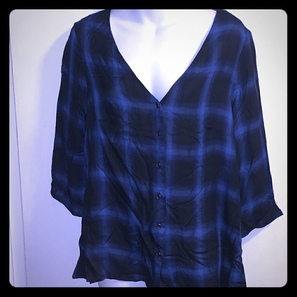 FASHION ON EARTH Black and Blue Plaid Blouse-S